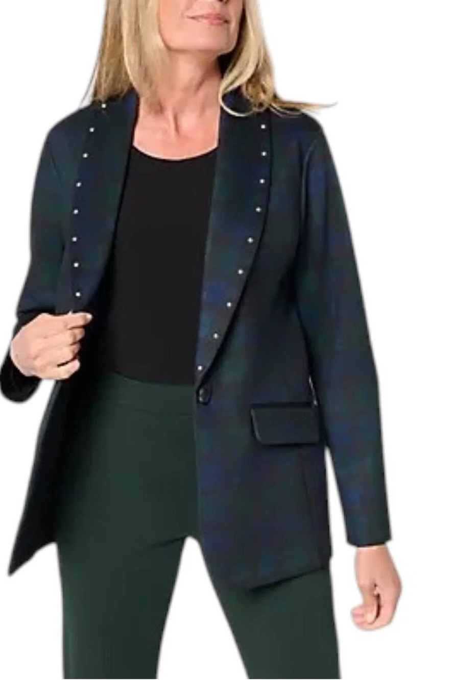 Tailored by Susan Graver Women's Printed Collar Blazer Blkwatch Plaid - Regular